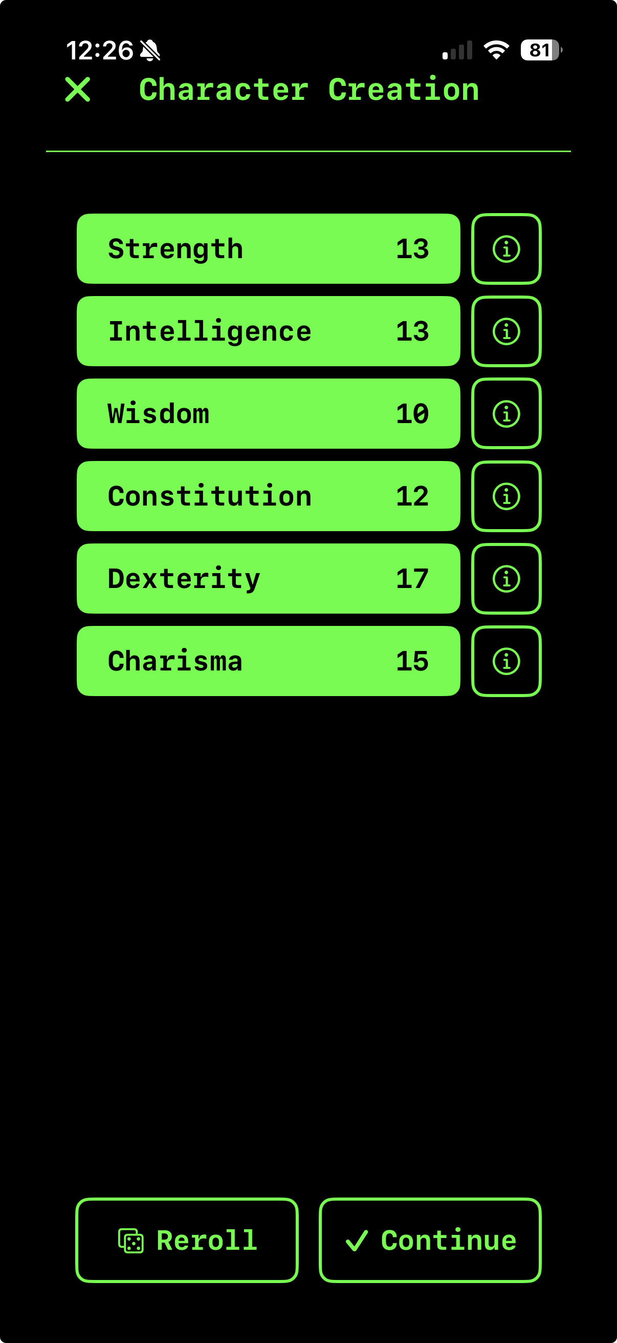 Character creation: rolled ability scores with Reroll and Continue buttons
