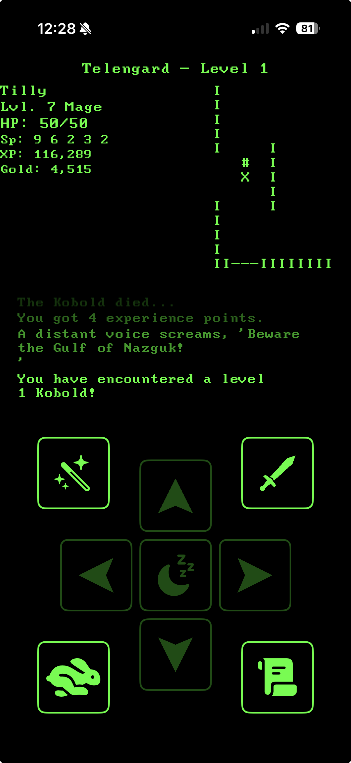 Dungeon gameplay: a level 7 mage exploring Telengard level 1, with the nine-button action keypad